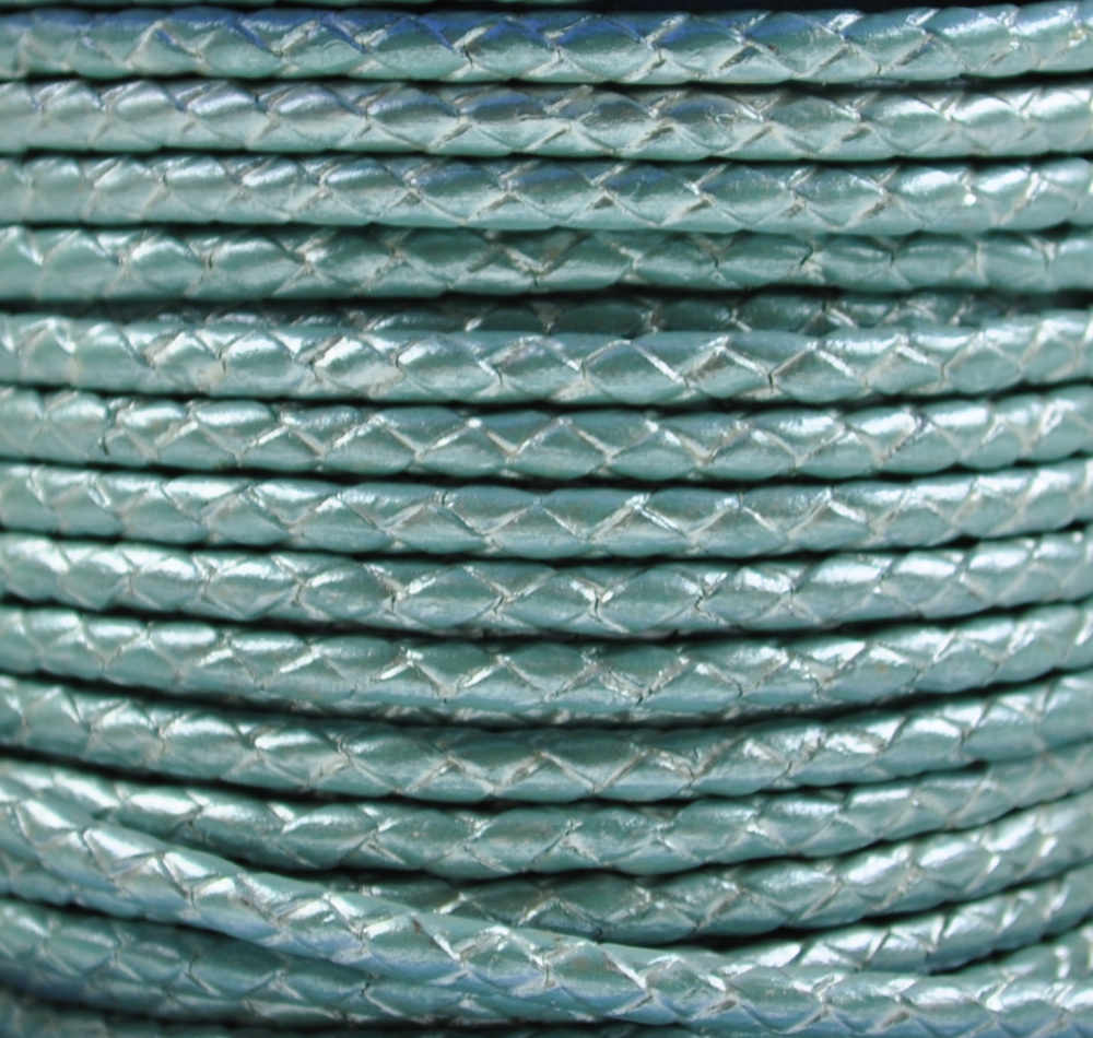 Braided Leather Cord Ø 4 mm Turquoise with metallic Luster, per Meter